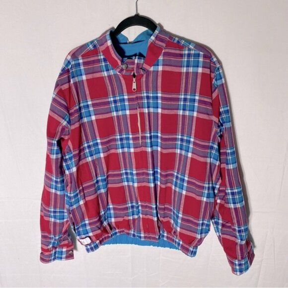 Vintage Reversible Blue Red Plaid Bomber Style Light Jacket L - Picture 1 of 13